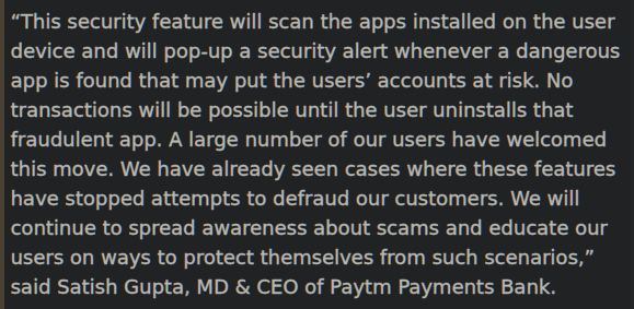 The stupid  @PaytmBank goes all the way to the top.They've actually put out this "newsvertisement" about a month ago. https://timesofindia.indiatimes.com/gadgets-news/paytm-payments-bank-will-now-tell-you-to-delete-dangerous-apps-on-your-phone/articleshow/73705455.cms