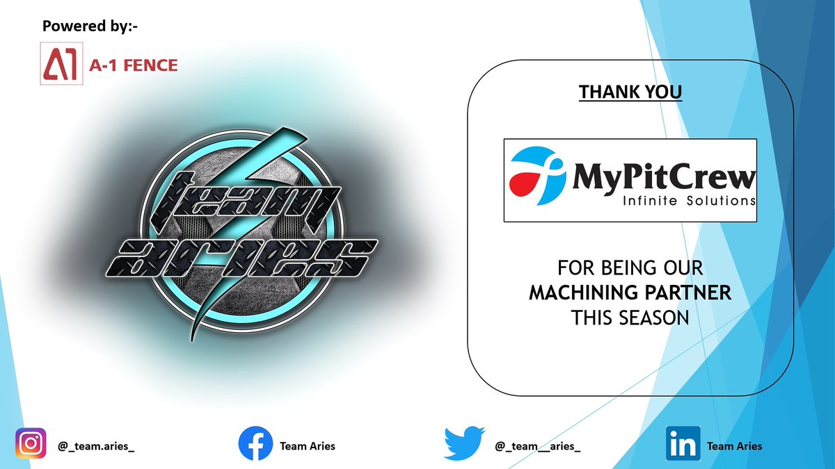 _team__aries_'s tweet photo. Team Aries would like thank MYPITCREW for being our machining partner this season. Also thanking you for providing us with precise and quick machining at very last moment.
#ebaja #electric #atvcofficial #saeindia #greenmobility #gogreen #sponsor #a1fence #atv #sae #baja https://t.co/Z1fvydVpZ2