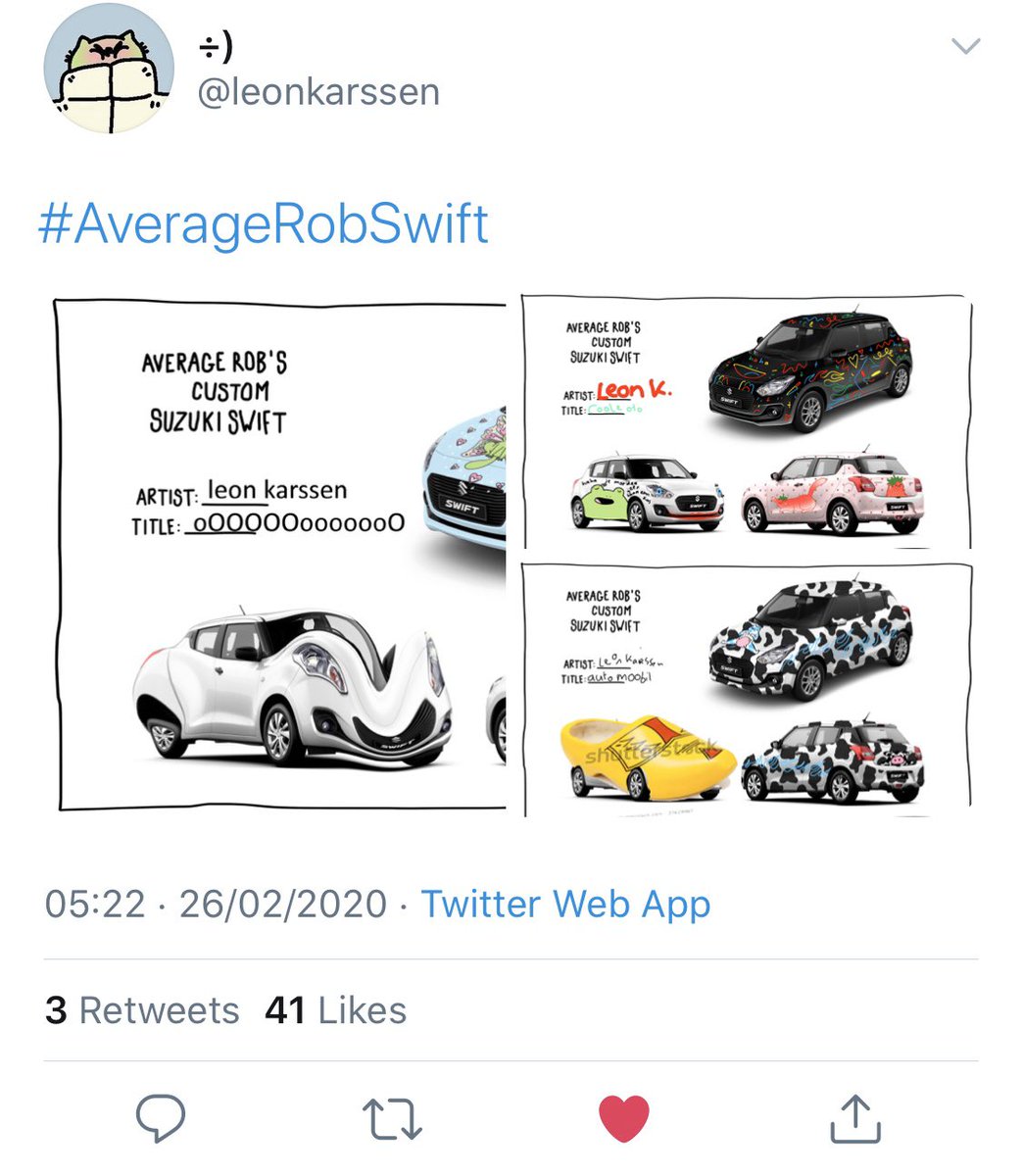 AverageRob's tweet photo. The winner of the #AverageRobSwift carwrap contest is @leonkarssen 😍 I feel like his art has unlimited possibilities, so I’ll be hiring him to design the full carwrap. Hyped!

2nd place: @SeegerMattijs 
3rd place: @jenne_cattoor 

Thanks to everyone who entered! Much love. ❤️ https://t.co/AlC02HQuTj