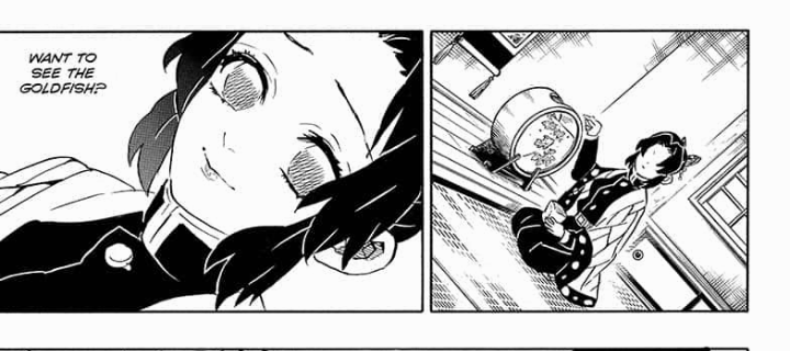 KnY chapter 196 HC:
Nezuko watching Shinobu's goldfishes with sparkled eyes. Then she noticed a particularly goldfish, beautiful and glittering under the light. Shinobu noticed it and said, 'That was from Giyuu-- Tomioka-san. Beautiful isn't it?'
She smiled, a true smile.