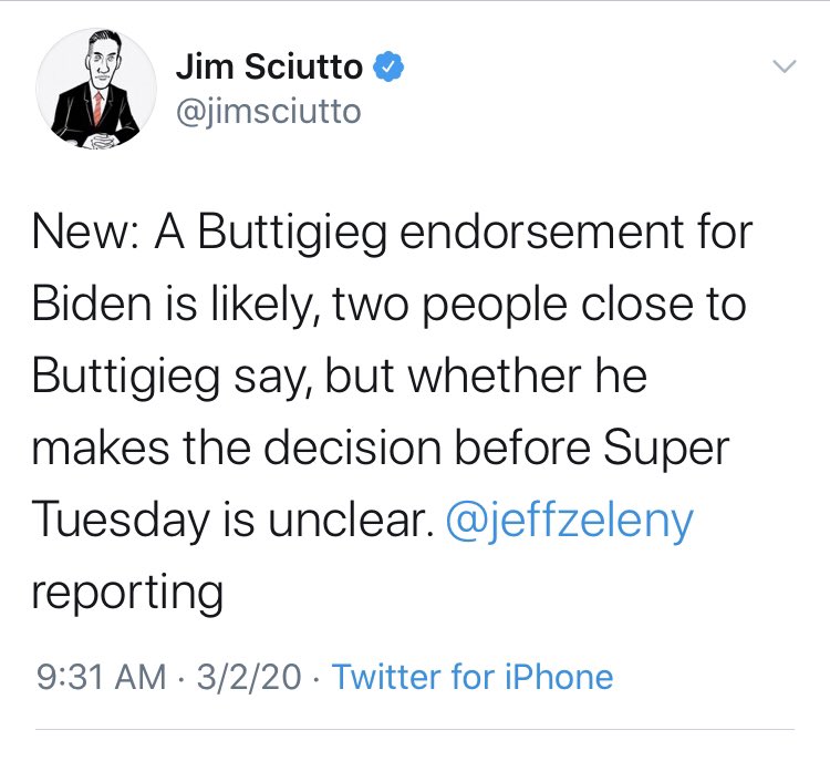 Pete attacked Sanders many times and Pete did not drop out to help Amy. So it is a safe bet that Pete will endorse Biden at some point. Zeleny is safe-guessing a likely outcome but he is reporting it as if he has sources for it. This shtick is usually reserved for Trump.