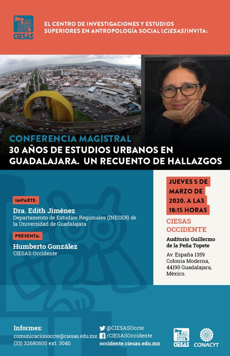 CIESASOccte's tweet photo. La académica integrante de la @amciencias e #Ineser @CUCEA_OFICIAL impartirá la conferencia “30 años de estudios urbanos en Guadalajara. Un recuento de hallazgos” este jueves a las 18:15 PM. 

No faltes➡️➡️➡️ https://t.co/VapoN45ROq

#AgendaCIESAS https://t.co/TbjHxnlr63