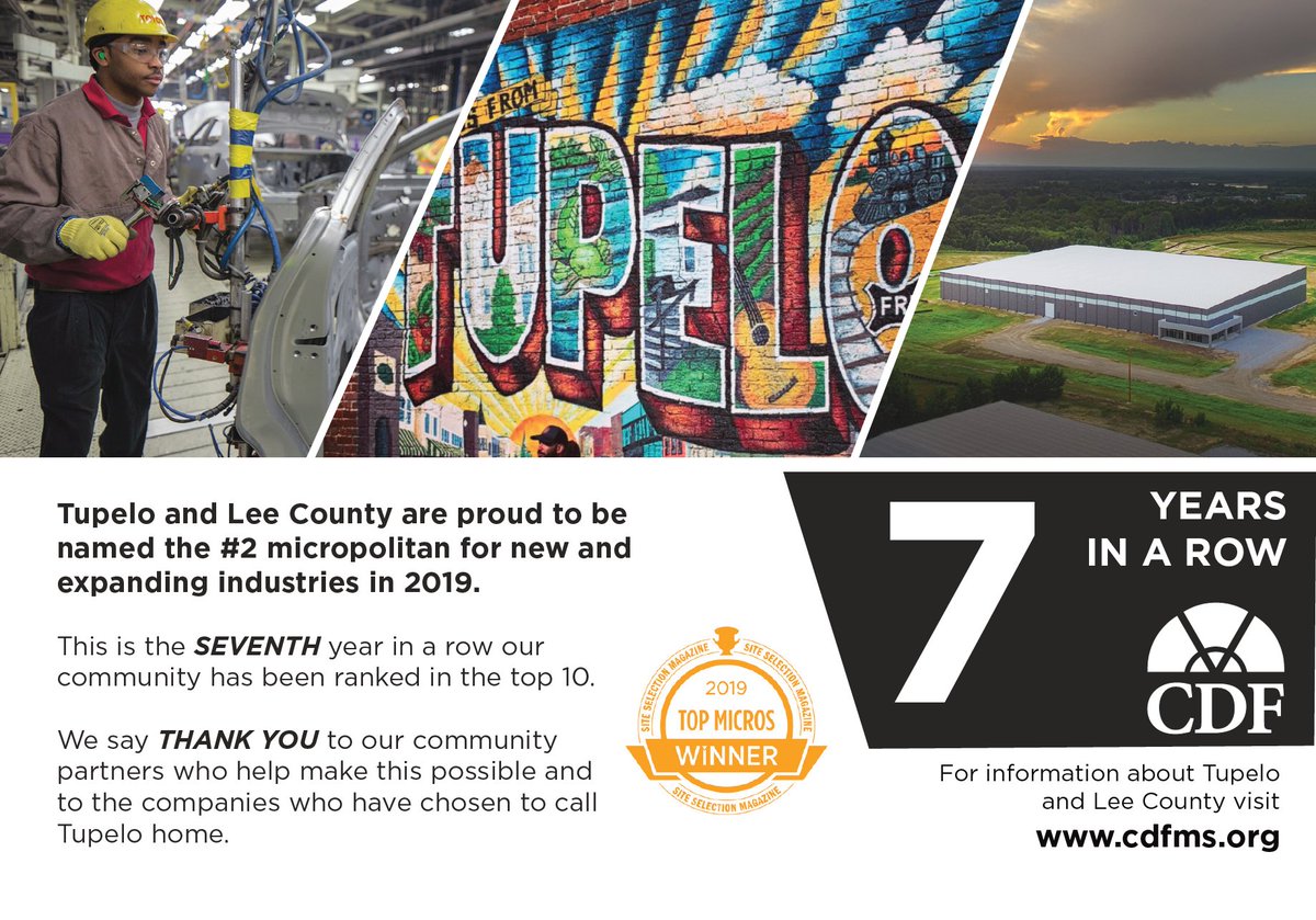 CDFMS's tweet photo. The Tupelo region has been named to @SiteSelection magazine’s list of most active 2019 #micropolitan areas for new & expanding facilities, ranking 2nd in the nation among 551 areas. | 11th time & 7th time in a row finishing inside the top 10 | PRESS: https://t.co/cx7K9y8liO https://t.co/KnpQdkA5z5