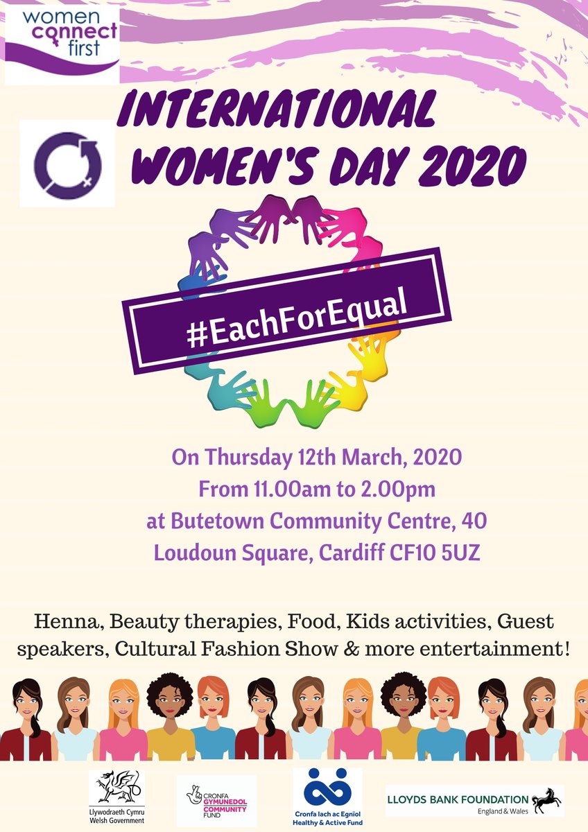 Women_CF's tweet photo. Our IWD event this year is taking place on Thursday 12th March 2020 at Butetown Community Centre from 11am to 2.00pm 

Join us for yet another fantastic event to celebrate women from across the globe 

#IWD2020
#EachforEqual https://t.co/GCetOeSxJt