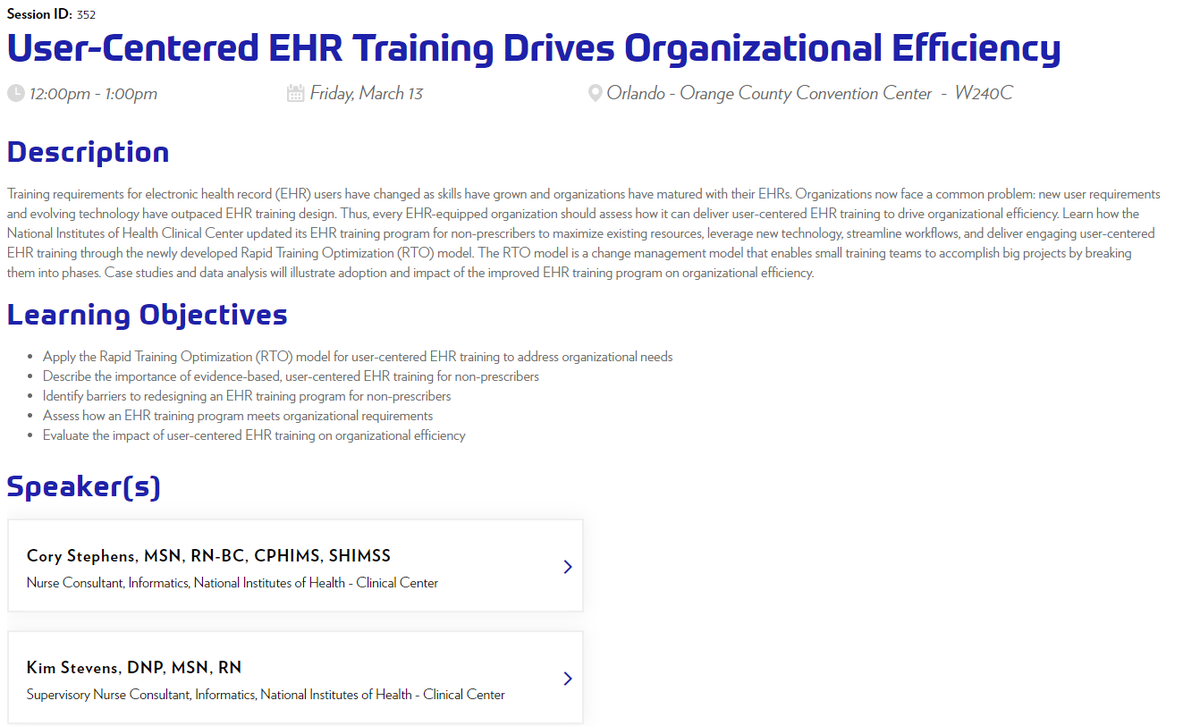 #HIMSS20 #TIGERInitiative endorsed session #352:  User-Centered #EHR Training Drives Organizational Efficiency. Join <a href="/KimStevensNI/">Kim Stevens DNP, MSN, RN</a> &amp; @CoryStephensRN as they talk about optimizing EHR Training &amp; don’t let your program get left behind in #2020. Learn more at buff.ly/3chbVDR