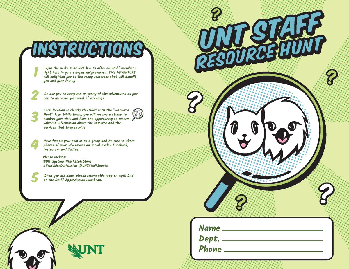 UNTStaffSenate's tweet photo. #UNT Staff Resource Hunt begins TODAY! Find more about this event and download the map on https://t.co/kHLd1UdNiZ. #UNTSystem #untstaffshine #yourvoiceourmission #UNTStaffSenate https://t.co/4fLxFHudRt