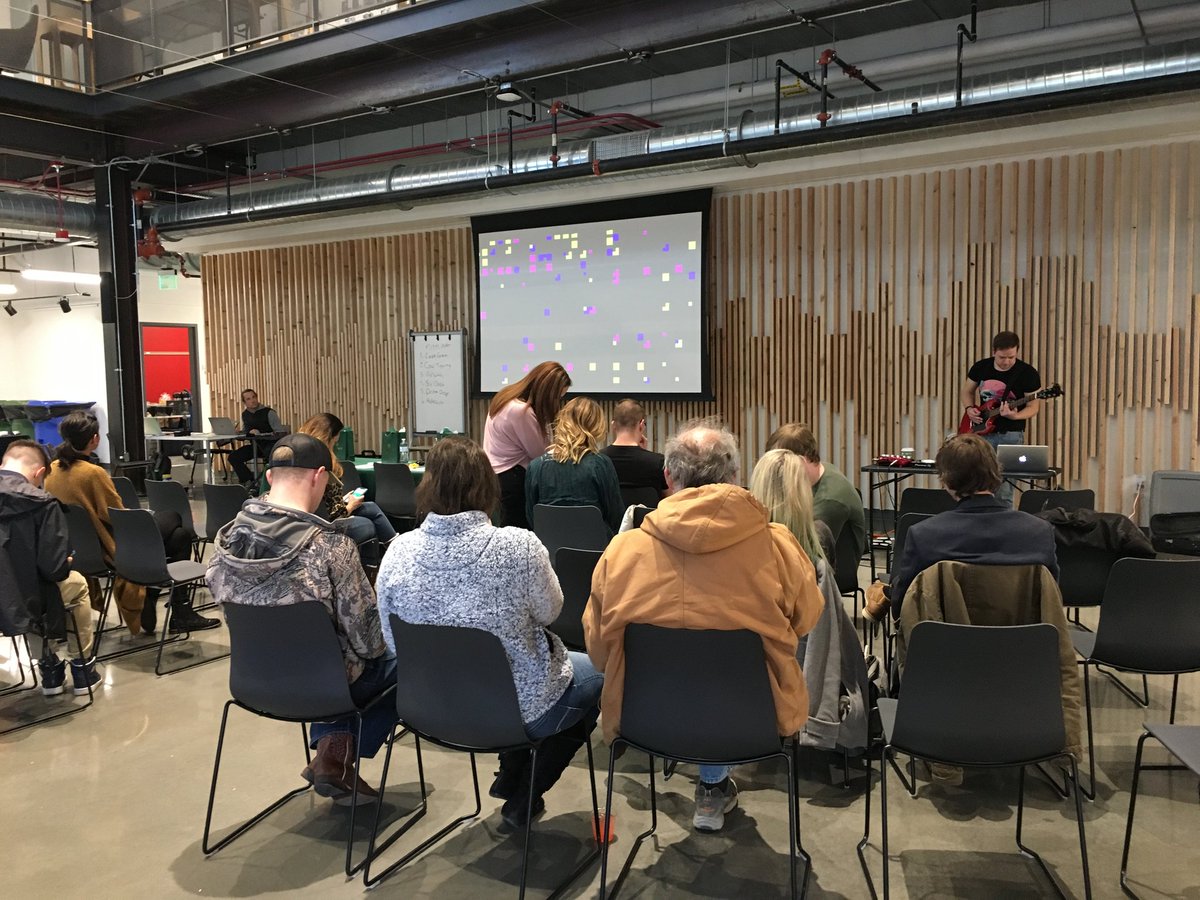 djshirty's tweet photo. Playing from my new 2020 set last weekend at CSU. Generative pixel art visuals made with #Python https://t.co/acjRunhPXh