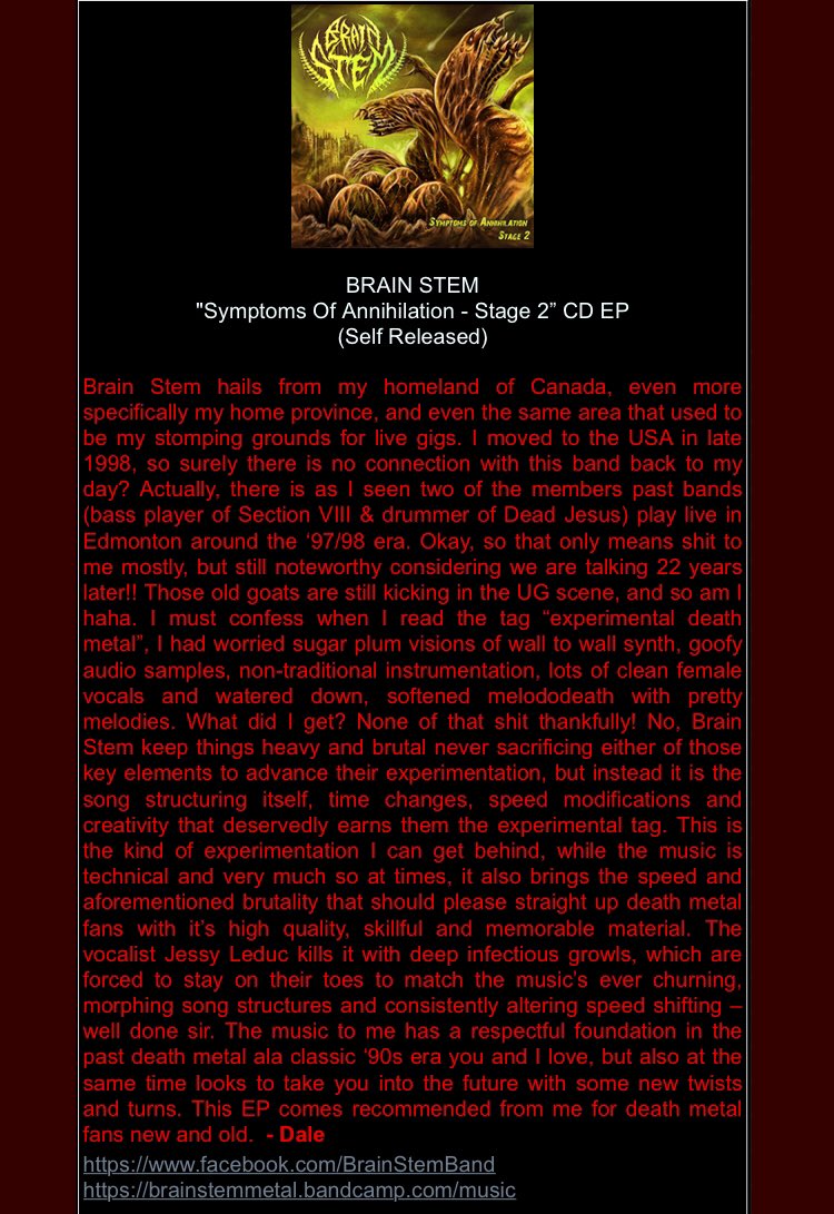 BrainStemMetal's tweet photo. Much love to Dale from #canadianassault for the review on our forthcoming EP “Symptoms of Annihilation - Stage.2”!! Those old goats are still kicking indeed!! \m/
.
.
#symptomsofannihilation #experimentaldeathmetal #brainstem #canadiandeathmetal #deathmetal #stage2 #oldgoat https://t.co/VDYHJzFnk6