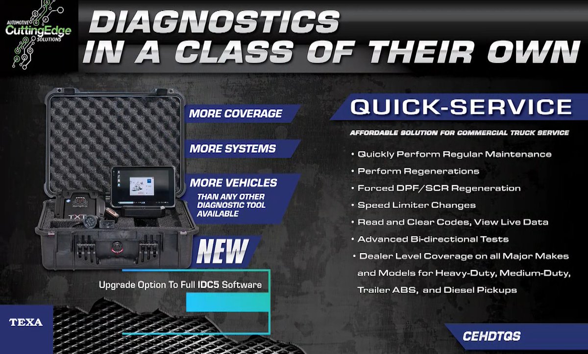 CuttingEdgeAS's tweet image. When it comes to the biggest bang for your buck in Heavy-Duty Diagnostics, TEXA is the way to go. Quick Service is an affordable solution to truck maintenance with an all-inclusive package ready to go out of the box.

#CEASUSA #SPTOOLSUSA #TEXAUSA #KINGOFSCANTOOLS