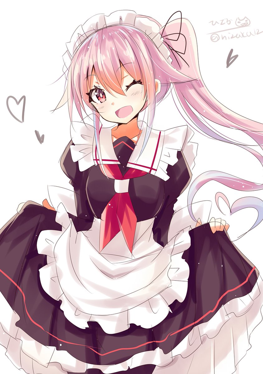 harusame (kancolle) 1girl side ponytail pink hair solo one eye closed maid white background  illustration images