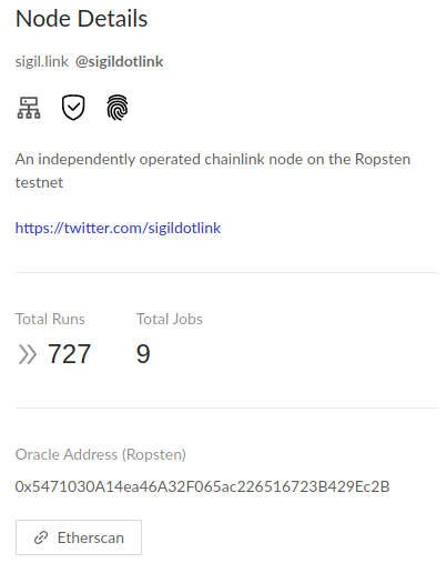 sigildotlink's tweet photo. @sigildotlink has undergone a full unit test of its Ropsten #chainlink node, and is currently logging successful job runs on the Ropsten testnet. It's taken a lot of work to verify all aspects of the deployment. Attention to detail is essential when deploying a #chainlink node. https://t.co/Y6ckTGlWVm