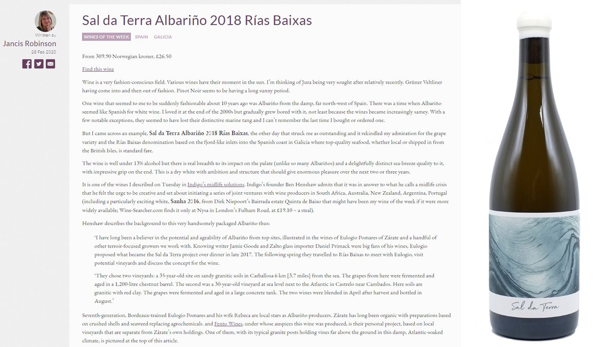 Sal da Terra #Albarino is wine of the week on 
<a href="/JancisRobinson/">Jancis Robinson</a> "rekindled my admiration for the grape variety...delightfully distinct sea-breeze quality to it" another cracker from <a href="/BodegaZARATE/">Bodega ZARATE</a> with input from <a href="/jamiegoode/">Jamie Goode</a> @Winerackd and Ben! bit.ly/39ejHg4
