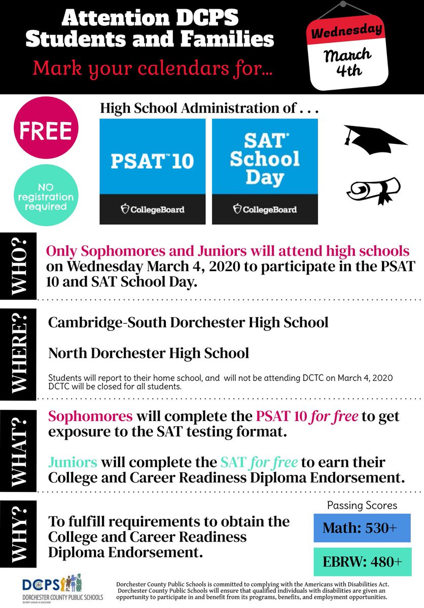 EFitzSolava's tweet photo. Attention DCPS High School Students and Families: 10th and 11th grade students will be participating in the PSAT and SAT School Day events this Wednesday. All 9th and 12th grade students will not report due to testing regulations. https://t.co/RFMvohW2l7