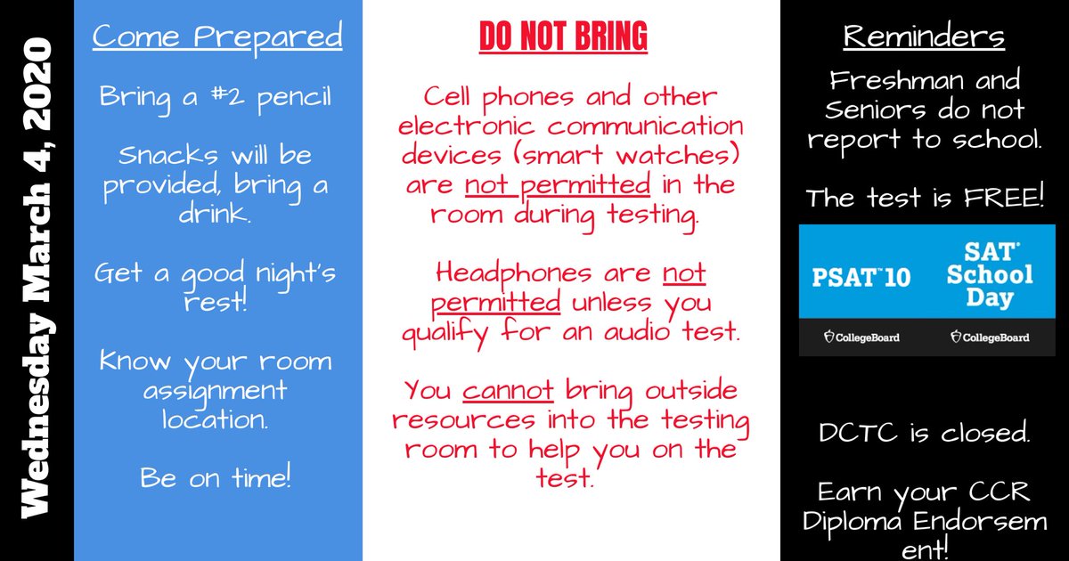 EFitzSolava's tweet photo. Attention DCPS High School Students and Families: 10th and 11th grade students will be participating in the PSAT and SAT School Day events this Wednesday. All 9th and 12th grade students will not report due to testing regulations. https://t.co/RFMvohW2l7