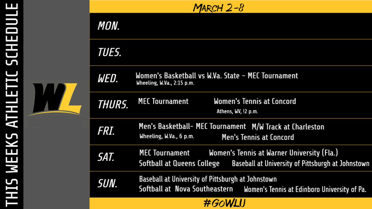 WLathletics's tweet photo. It's tournament week! The lady hilltoppers open up the MEC tournament on Wednesday, followed by the Men on Friday! Check out the rest of this weeks schedule below, as Softball, Baseball, Track and Tennis are all on the road! #GoWLU #TopperNation https://t.co/V1PH9Slh5F