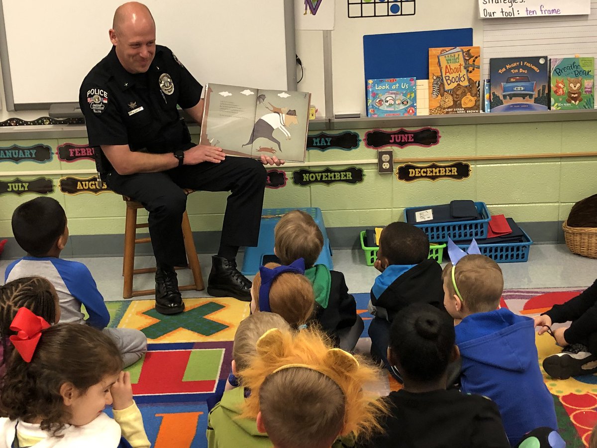 BeckyRiceNC's tweet photo. Thank you @bbutch23 and Deputy Chief Hughes for being our guest readers to celebrate Read Across America Day. I can’t  think of a better way to kick our Monday morning. #KinderAdventures #rbmstem #rbmtribe #ReadAcrossAmerica https://t.co/Af7KIQEJhx