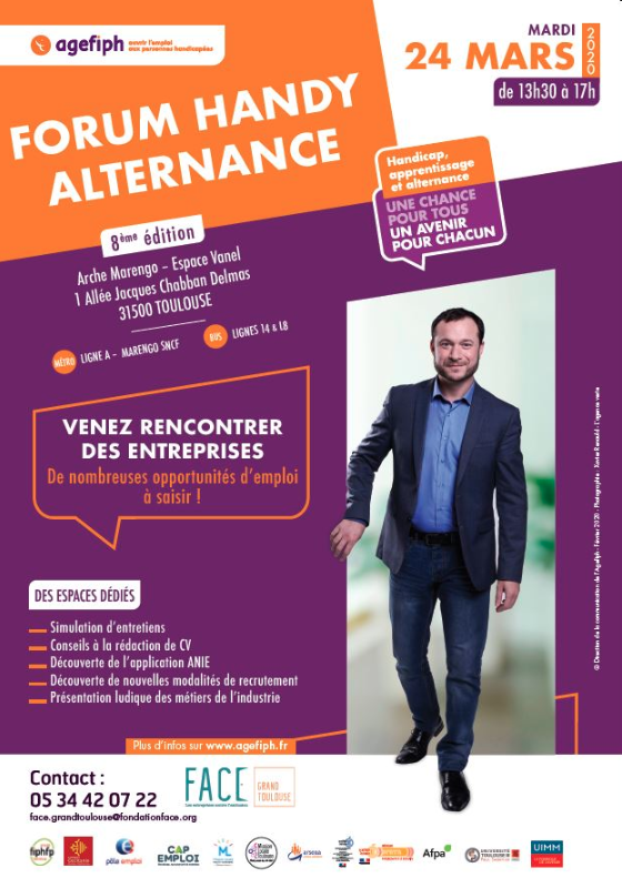 AGEFIPH_OC's tweet photo. Ne manquez pas la 8ème édition d' #HandyAlternance qui se tiendra le 24 mars au sein de l’Espace Vanel à #Toulouse. Un forum de #recrutement dédié aux personnes en situation de #handicap. Plus d'infos ici https://t.co/1ijUO6ToV6 
@FIPHFP @FACEToulouse @Occitanie @Afpa_Occitanie https://t.co/xwcLCdxkK0