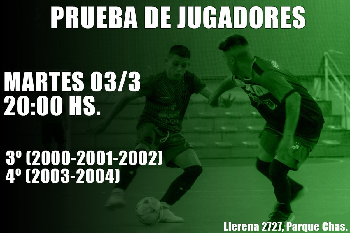 ⚠️🚨PRUEBA DE JUGADORES🚨⚠️
Mañana martes 3 de Marzo vamos a estar realizando pruebas para las categorías de 4° (2003-2004) y 3° (2000, 2001, 2002).
Los esperamos a partir de las 19:45 en nuestro club, Llerena 2727, Parque Chas.