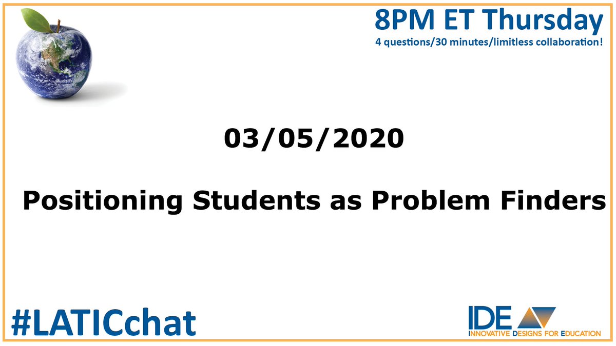 IDECorp's tweet photo. Get ready for this week's #LATICchat with @nsulla's TED-Ed Talk - "Problem-Finders, Innovators, and Entrepreneurs" https://t.co/uXMA2aUnux #PBL #AuthenticLearning #ProblemFinder #ProblemSolver #EdChat #ChangetheWorld https://t.co/zc5zgRokj1