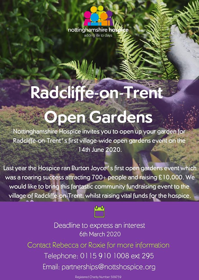 Do you or someone you know, tend to a beautiful garden in #RadcliffeonTrent ? 🌿🌸 @nottshospice is looking for any keen gardeners who'd like to share their garden-no matter how big or small it may be-at its #OpenGardens event on 14 Jun. 

@WestBWay @Rushcliffe @AbbyNeilRoger