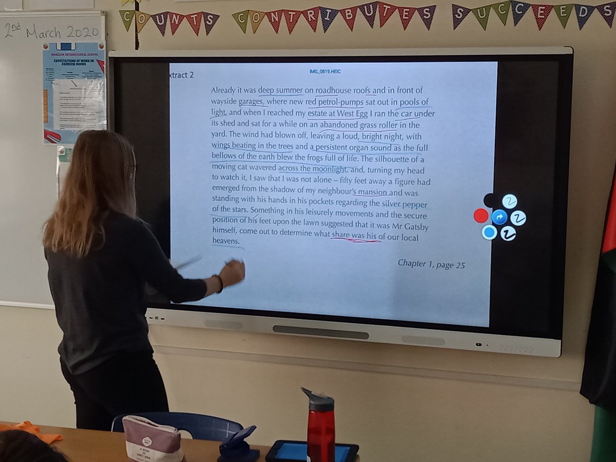 EnglishHis's tweet photo. Year 12 getting to grips with Modern Romanticism in ‘The Great Gatsby’ with the use of our Smartboard.  #learningtechnology #HISbookweek #thegreatgatsby #smartboard @HISDubai https://t.co/YIqpHRnJn5
