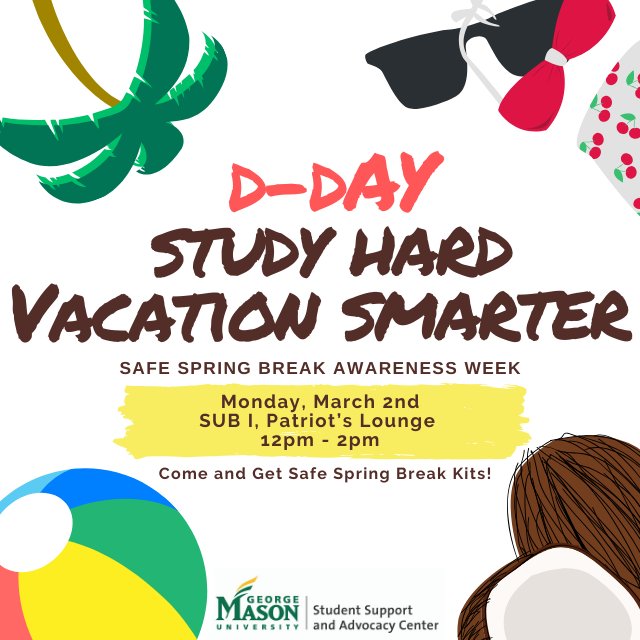Jihyo4PR's tweet photo. 🎉D-DAY🎉 Reminder! Study Hard, Vacation Smarter Event TODAY!
12-2PM, at SUB 1 Patriot's Lounge, 
Stop by and build your own safe spring break kit😃😃 @SSACGMU
#MimsPR #SSBAWGMU #StudyHard #VacationSmarter https://t.co/Yy93PbWqwj