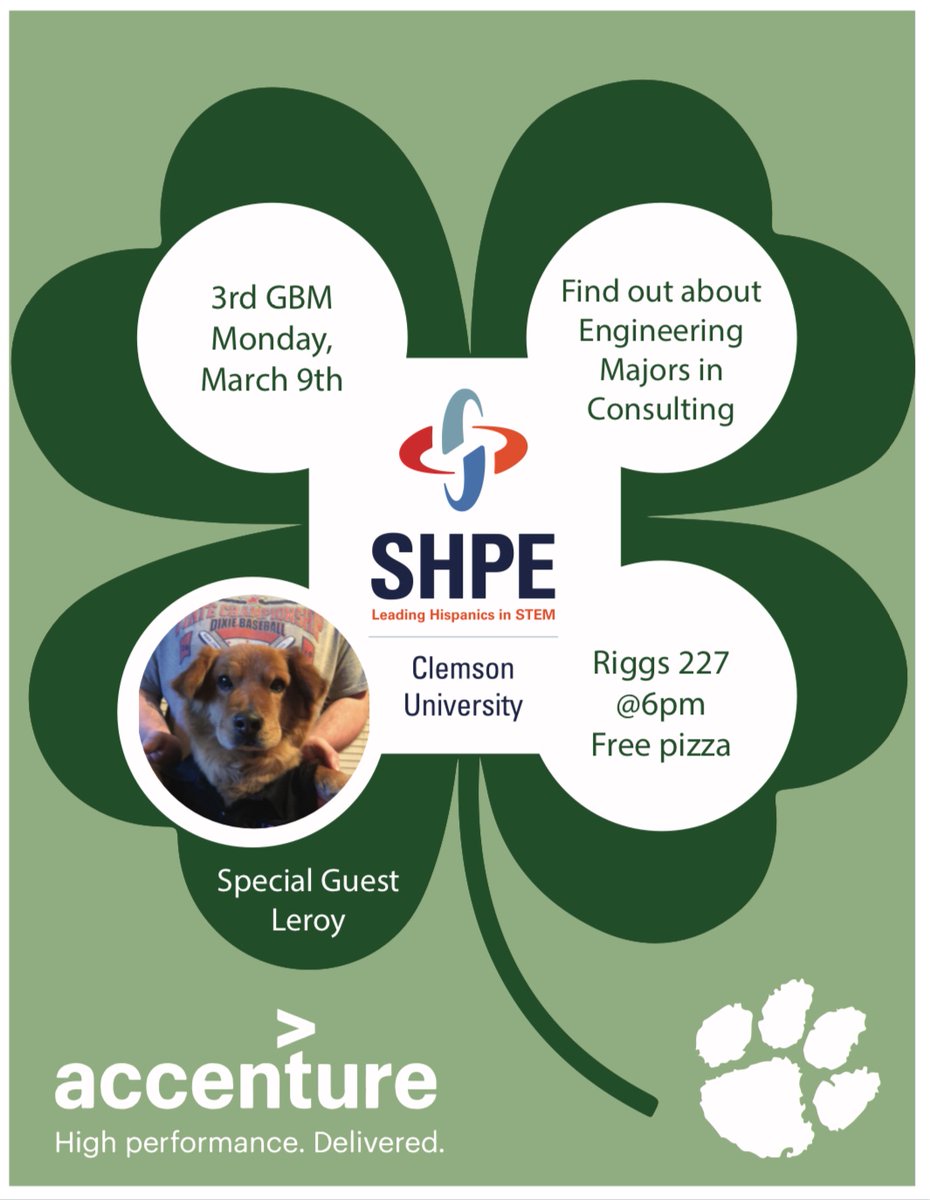 Come out to our 3rd GBM of the semester Monday, March 9th. Accenture will be in attendance discussing engineering majors in consulting. Featuring special guest Leroy. Free pizza will be provided!🖊
Also dont forget to join our new SHPE-Clemson GroupMe! Link in bio.