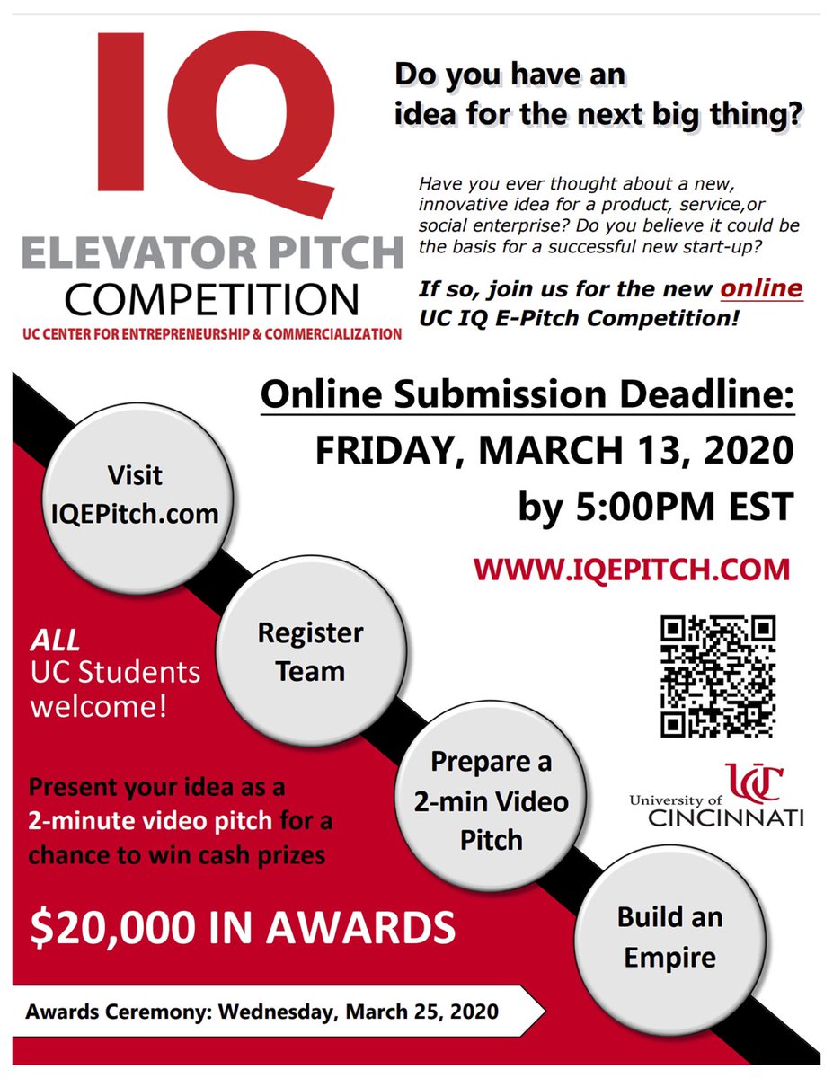 uofcincyEship's tweet photo. Major changes to UCβs University wide IQ E-Pitch event! A new format for the 2020 IQ E-Pitch event should be a welcome change for UC's brightest innovators! For 2020 the IQ E-Pitch event will feature elevator pitch submissions on VIDEO! See picture below for more details. https://t.co/P9eL79ujHI