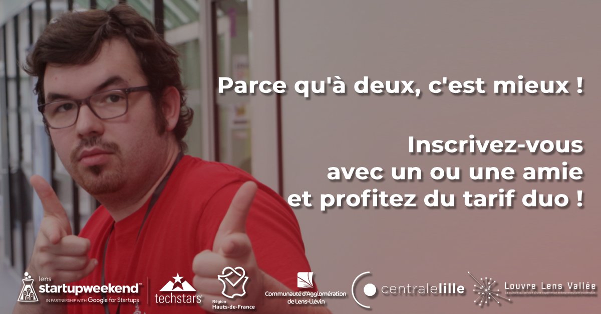 Pourquoi venir seul au Startup Weekend, alors qu'on peut y aller à deux ? 🤘

🎟 Profitez de l'offre duo sur la billeterie ! eventbrite.com/e/billets-tech…

#SWLens #INSpir #StartupWeekend #Lens