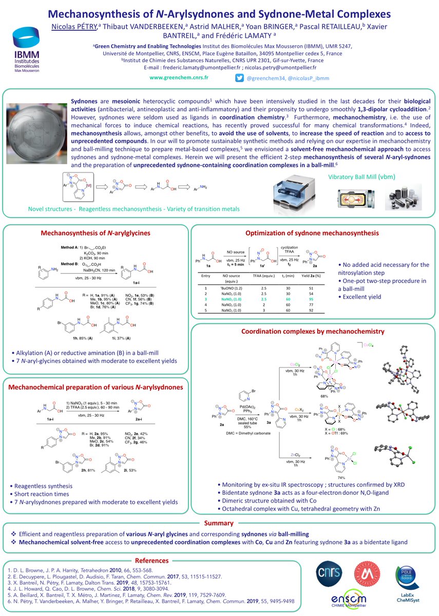 'Mechanosynthesis of N-arylsydnones and sydnone-metal complexes' or how to create novel structures using #mechanochemistry ? Enjoy the ball-milling ! #RSCPoster #RSCEng #RSCInorg #RSCOrg Work performed @umontpellier with @greenchem34 and @nicolasP_ibmm