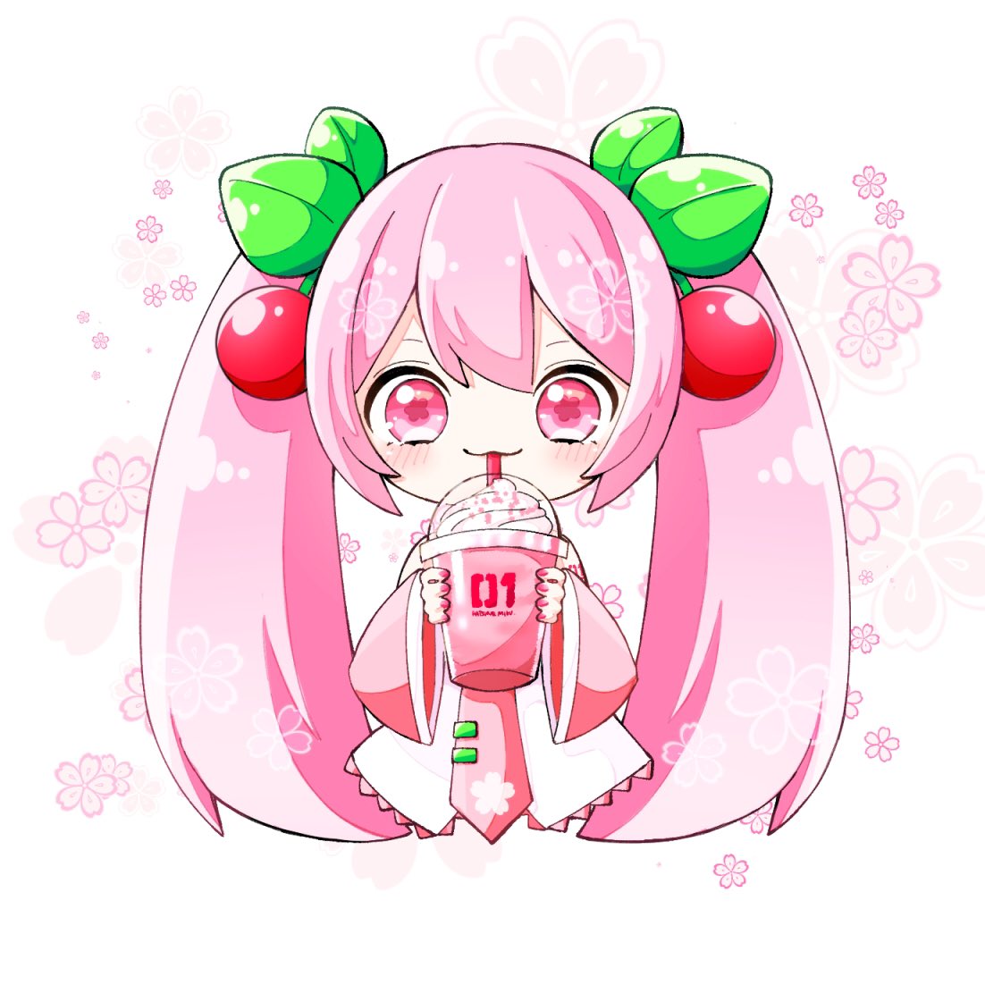 初音ミク ,桜ミク 「桜ミクさんの桜フラペチーノ? 」|松りのイラスト
