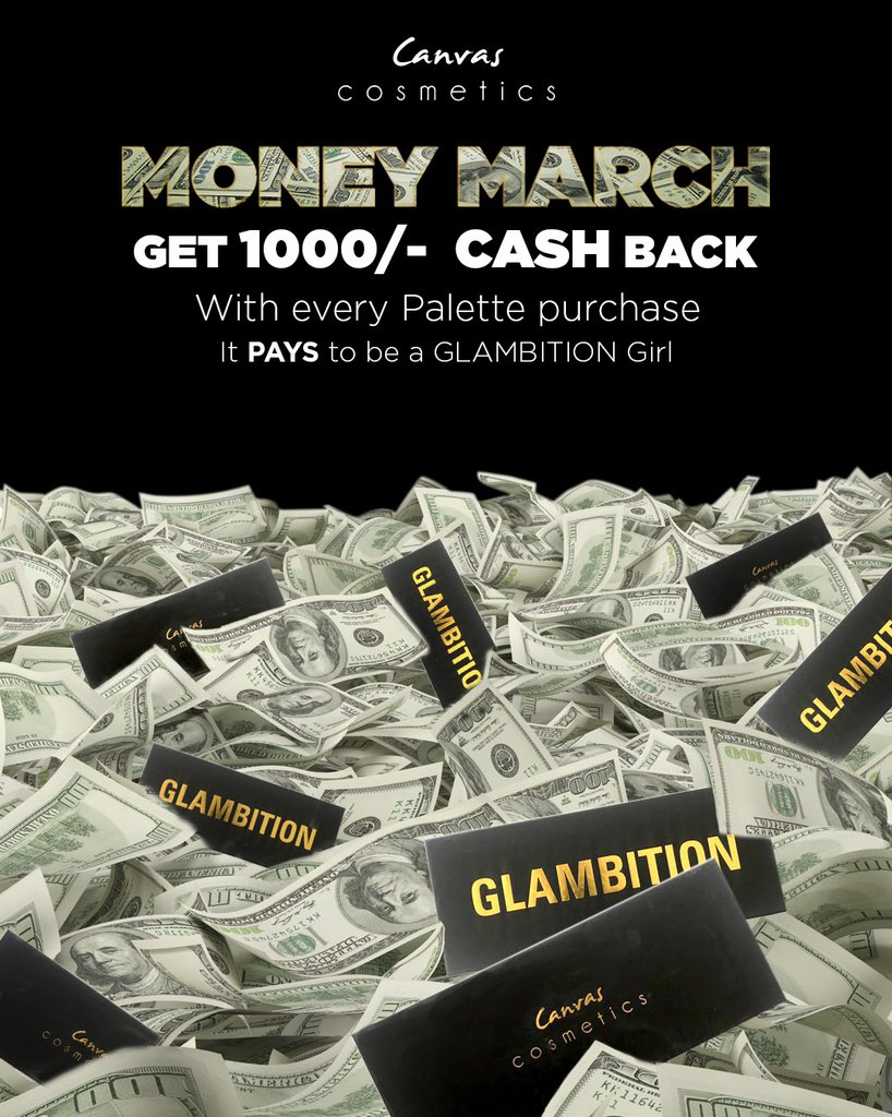 Women's Month = MONEY MARCH! 💰💵💸 In celebration of #WomensDay, we've taken it upon ourselves to #PayItForward &amp; empower women for the month! 💰💵💸 Purchase our GLAMBITION Palette and receive 1000/- CASH BACK with your delivery! Shop now at canvascosmetic.com! 💵 #MPesa