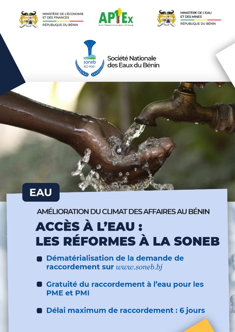 #EauBenin
A compter de ce 2 mars 2020, les PME/PMI peuvent faire désormais leur raccordement à l'eau potable gratuitement au lieu de 110.000 FCFA initialement perçu.

Le délai de raccordement est de 6 jours au maximum.

Demande possible en ligne sur : soneb.bj