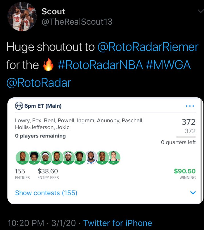 RotoRadar's tweet photo. RotoRadar NBA RECAP:

🎉 A winning Sunday for the #RotoRadarNBA team!

☑️ FanDuel (Top 8%)
☑️ FantasyDraft (Top 5%)
☑️ DraftKings (Based off Article)

👀 #RRMVP goes to OG Anunoby, who hit 13.2x value at 15% ownership!

#MakingWeekendsGreatAgain 👊🏻

🏀 https://t.co/Hv0TKlXiXc https://t.co/O24DRszPOO