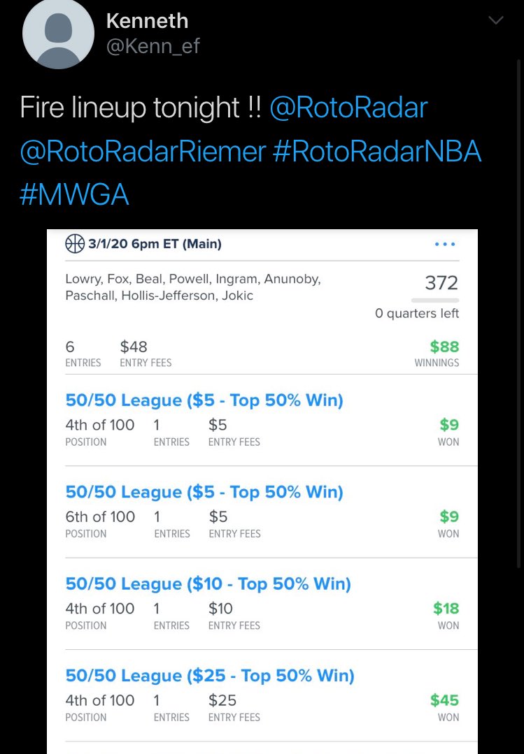 RotoRadar's tweet photo. RotoRadar NBA RECAP:

🎉 A winning Sunday for the #RotoRadarNBA team!

☑️ FanDuel (Top 8%)
☑️ FantasyDraft (Top 5%)
☑️ DraftKings (Based off Article)

👀 #RRMVP goes to OG Anunoby, who hit 13.2x value at 15% ownership!

#MakingWeekendsGreatAgain 👊🏻

🏀 https://t.co/Hv0TKlXiXc https://t.co/O24DRszPOO