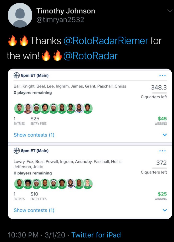 RotoRadar's tweet photo. RotoRadar NBA RECAP:

🎉 A winning Sunday for the #RotoRadarNBA team!

☑️ FanDuel (Top 8%)
☑️ FantasyDraft (Top 5%)
☑️ DraftKings (Based off Article)

👀 #RRMVP goes to OG Anunoby, who hit 13.2x value at 15% ownership!

#MakingWeekendsGreatAgain 👊🏻

🏀 https://t.co/Hv0TKlXiXc https://t.co/O24DRszPOO