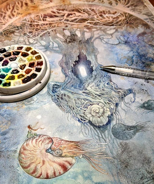 shadowscapes's tweet photo. Another peek at this piece that will be showing at @moderneden 's grand opening of their new space in the group show "New Growth" this coming weekend.
#Watercolor #painting #art #shadowscapes #nautilus #surrealart #surreal #beautifulart #beautiful #beautifulbizarre #tree #tr… https://t.co/PXGfQXeM4m