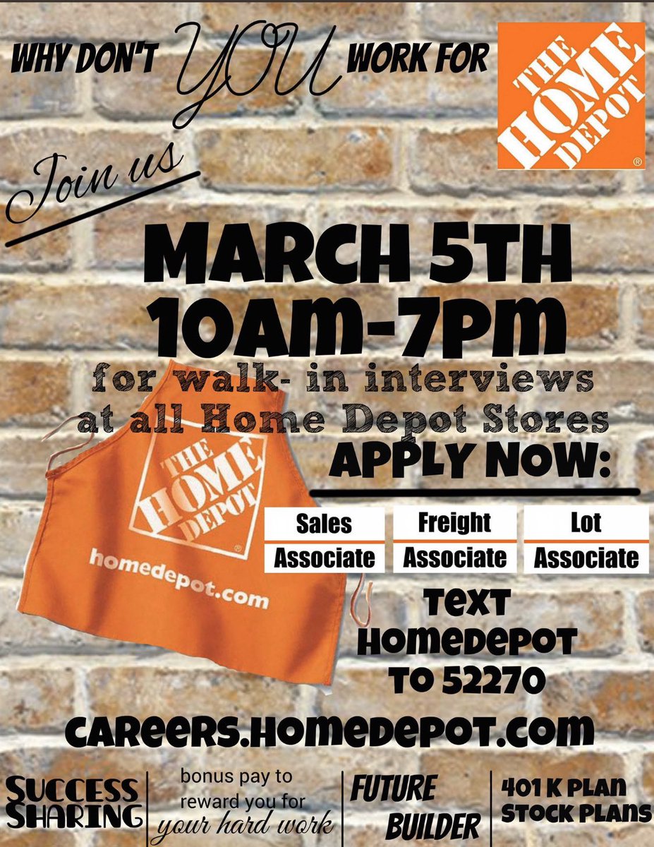 Looking for a job that’s fun, challenging and offers long lasting career opportunities?  Stop in to any of the local Home Depot locations on Thursday 03/05/20 from 10a-7p for an interview. #orangethursday