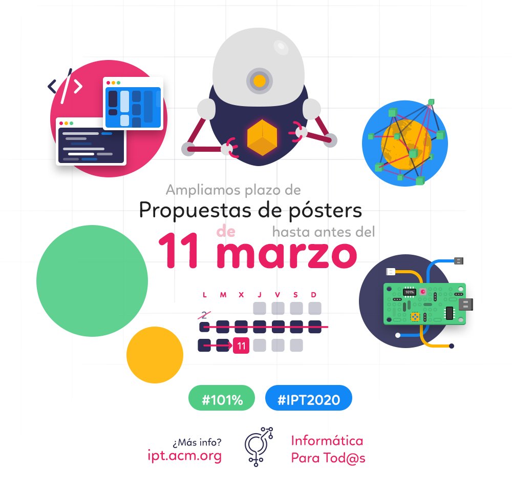 IPT_ACMW_es's tweet photo. Mientras terminamos las votaciones para elegir charla... ¡Tenemos una buena noticia! 📅 Ampliamos el #Call4Posters y el #Call4Workshops hasta el 11 de marzo. Si no te animaste con charla, o no la podemos elegir, ¡tienes otra oportunidad!
https://t.co/uHVKIFqvoG https://t.co/I65c0Zpg0l