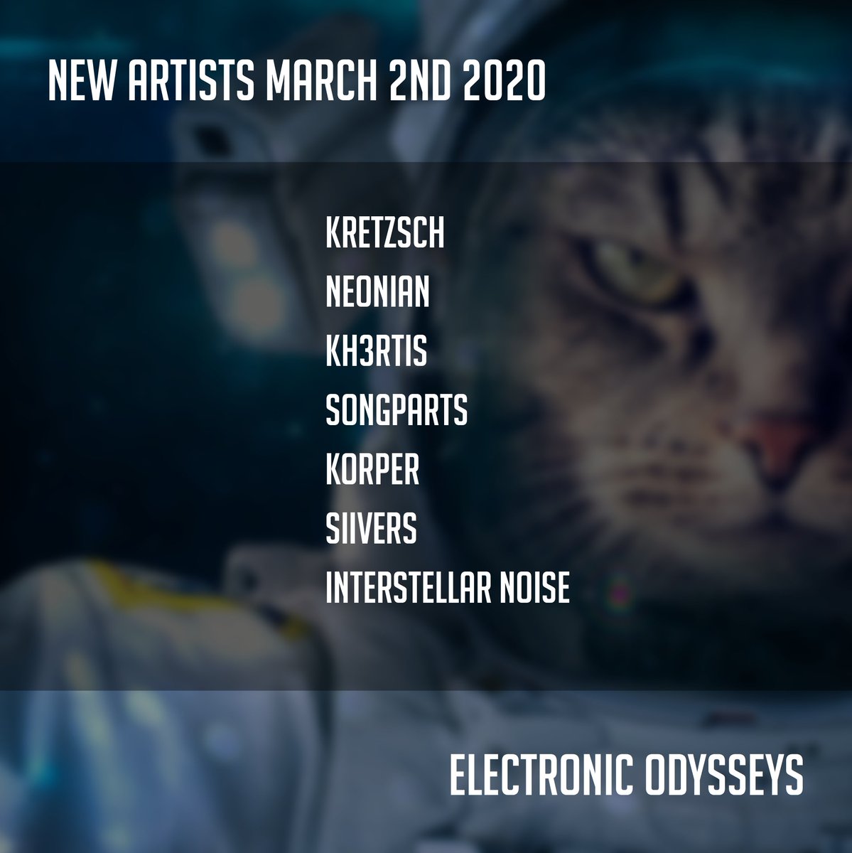 EOdysseys's tweet photo. Happy New Music Monday, friends! The new edition of the #ElectonicOdysseys #playlist is live NOW! Featured artists are back &amp; this month include: @kretzschmusic @neonian1 @_Kh3rtis Songparts, Korper, @Siivers2 &amp; Interstellar Noise. Give them a listen on #Spotify today! 🎉🎵 https://t.co/9lksPG5dGZ