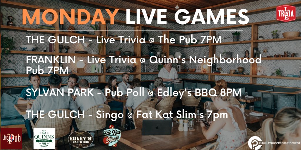 NashvilleTrivia's tweet photo. 🤓LIVE TRIVIA , PUB POLL, AND SINGO🤓 TONIGHT, Monday March 2nd!!
#trivia #trivianight #nashville #nashvilleeatslocal #singo #pubpoll #triviaquestions #beer #datenight #friday #livetrivia #challengeentertainment https://t.co/LqaJRlI4yl
