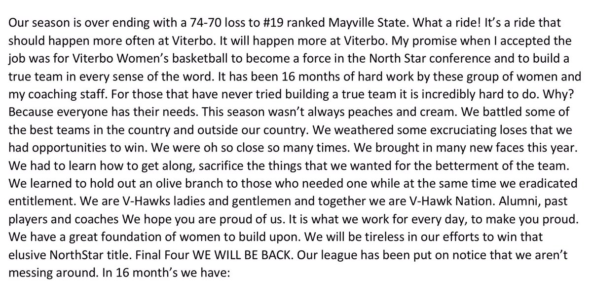 ViterboWBB's tweet photo. THANK YOU V-HAWK nation for a truly special season‼️
Message from Coach Jones ⏬
#GoVHawks | #Continuingtobuild https://t.co/WjIkjIyWCY