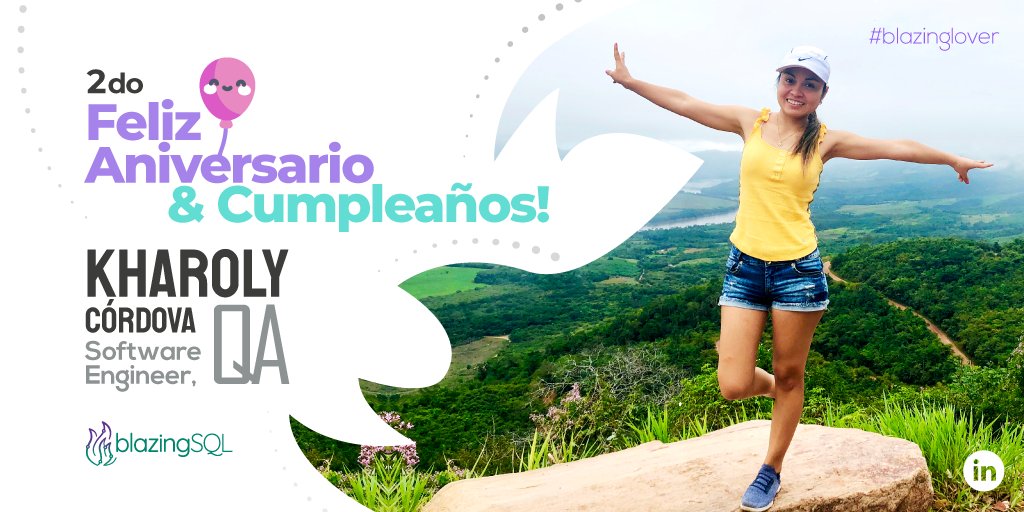 blazingsql's tweet photo. El día de ayer fue un día especial. 
Nuestra #QA #Engineer @kharo_cordova , cumplió 2 años en el equipo Blazing SQL y además estuvo de cumpleaños 🎉
Por más retos y logros!

#QAgirl #anniversary #brithday #congrats https://t.co/242DLO4jC2