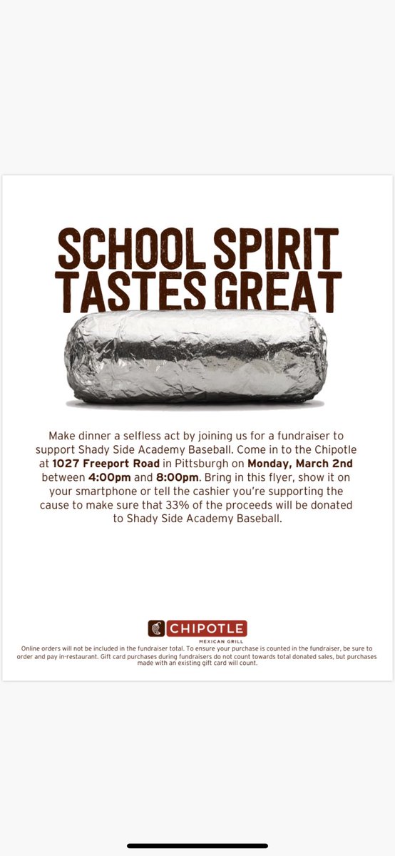 shadysidebase's tweet photo. Come on by the Chipotle in FC from 4-8 and show support‼️#chuckybandz https://t.co/xvnYtbsnTy