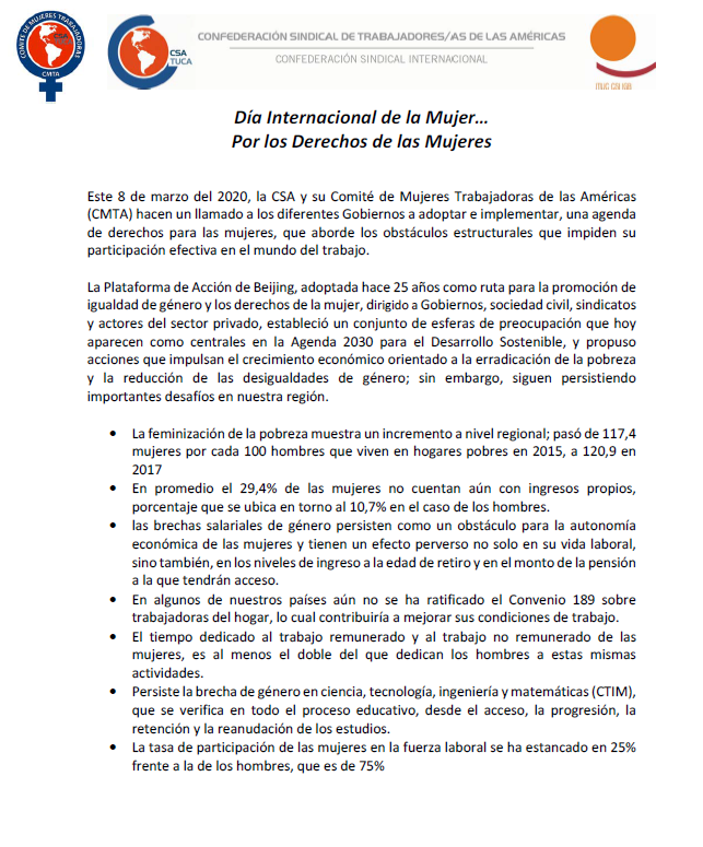 MujeresCSA's tweet photo. Este 8 de marzo: Hagamos que este 2020 sea un año decisivo para las mujeres trabajadoras con Igualdad y Equidad, Libres de Violencia y Acoso en el Mundo del Trabajo @CSA_TUCA @CS_Panama @CTRP_Panama @CTRN1 @ONUMujeres https://t.co/PWqdstUVYs