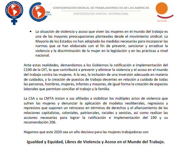 MujeresCSA's tweet photo. Este 8 de marzo: Hagamos que este 2020 sea un año decisivo para las mujeres trabajadoras con Igualdad y Equidad, Libres de Violencia y Acoso en el Mundo del Trabajo @CSA_TUCA @CS_Panama @CTRP_Panama @CTRN1 @ONUMujeres https://t.co/PWqdstUVYs