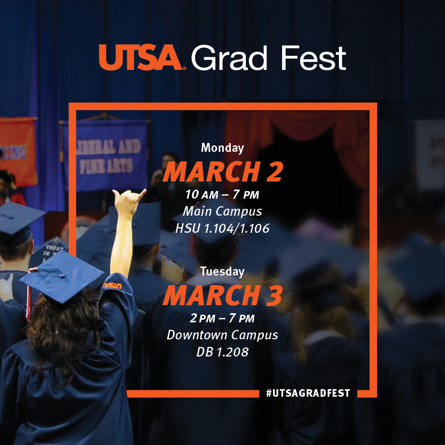 UTSAOneStop's tweet image. Hey graduates🎓, Gradfest is TODAY and TOMORROW! Come join us to learn more about graduation, commencement and the chance to win prize giveaways. You don't want to miss it! Visit utsa.edu/gradfest for more info. #UTSA #UTSAGradFest