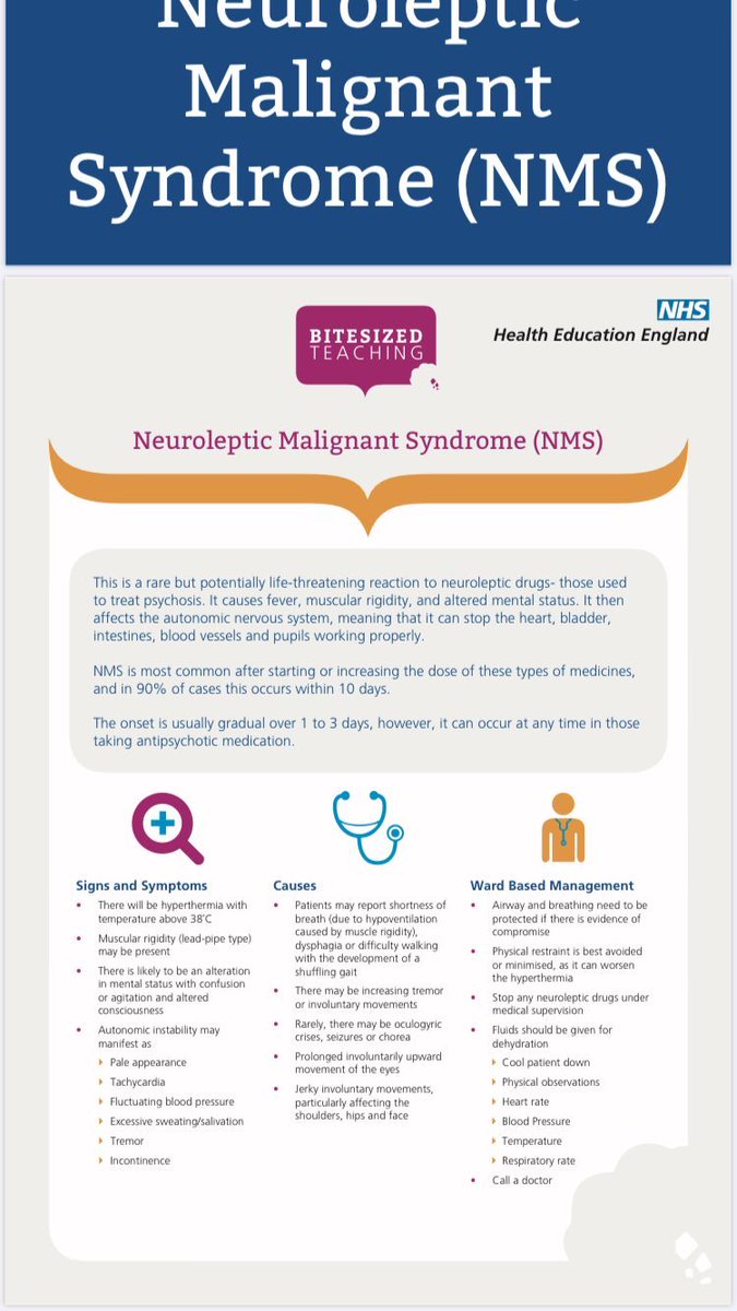 Neuroleptic Malignant Syndrome is a potentially fatal reaction to certain types of medication. Our learning resource outlines some common symptoms that can be used to support your ‘Bitesized Teaching’ sessions #bitesizedteaching #parityofesteem #NMS