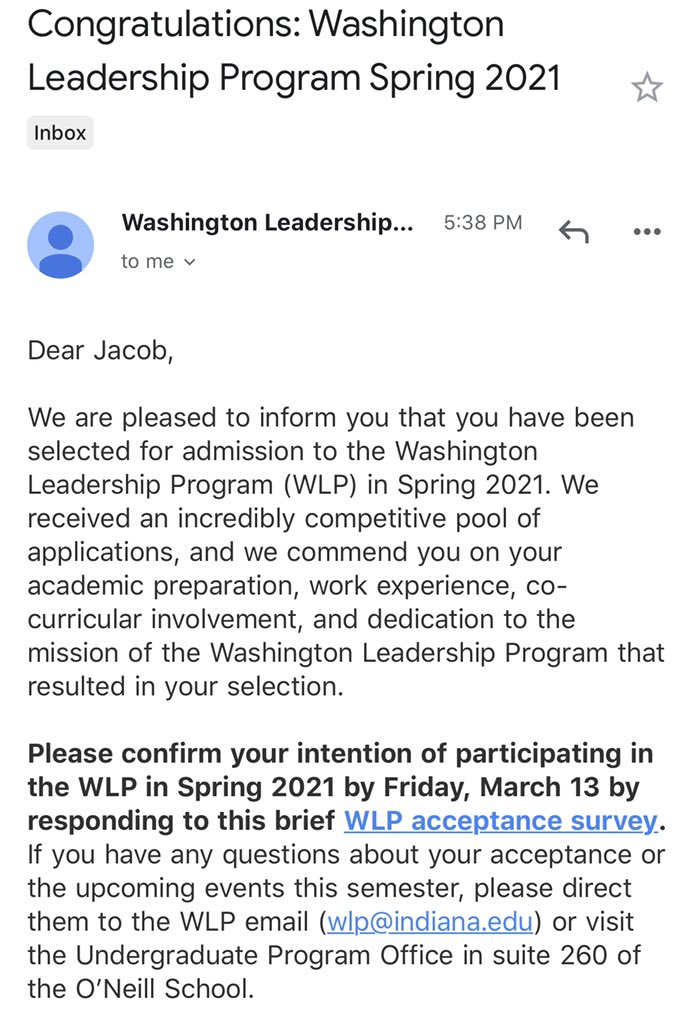 Jakesubway's tweet photo. One year ago today I was denied the opportunity to intern in Washington D.C. Since then, I have interned at the Indiana Statehouse and gained valuable experience. I am excited to announce that I have been accepted to the Washington Leadership Program for Spring 2021! https://t.co/VCmrLbd903