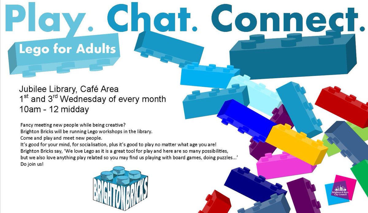 BrightonBricks's tweet photo. Who is coming along on Wednesday to our regular event at @BHLibraries Jubilee Library promoting positive mental health wellbeing through play https://t.co/7esE6oEQk1
